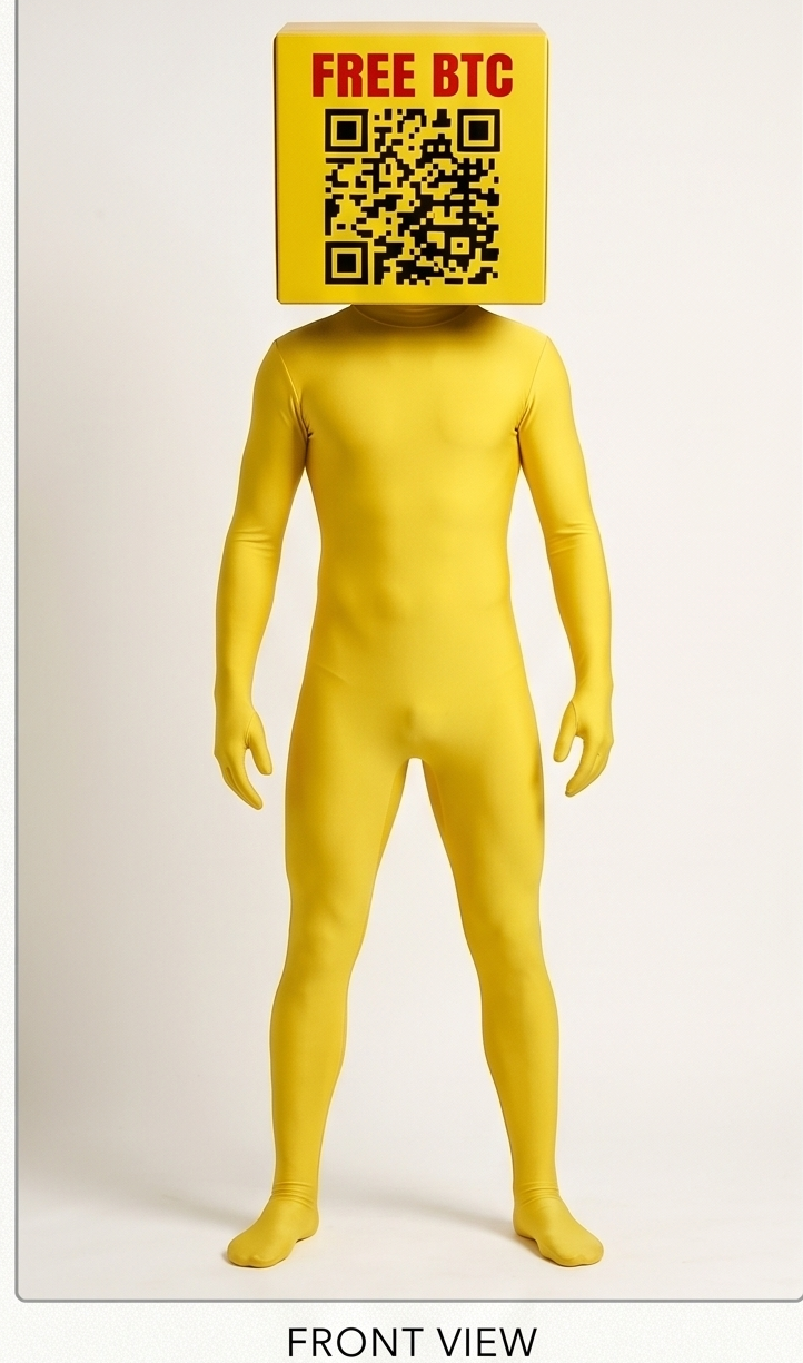 Cryptid-Coder costume, front view, box head with QR code